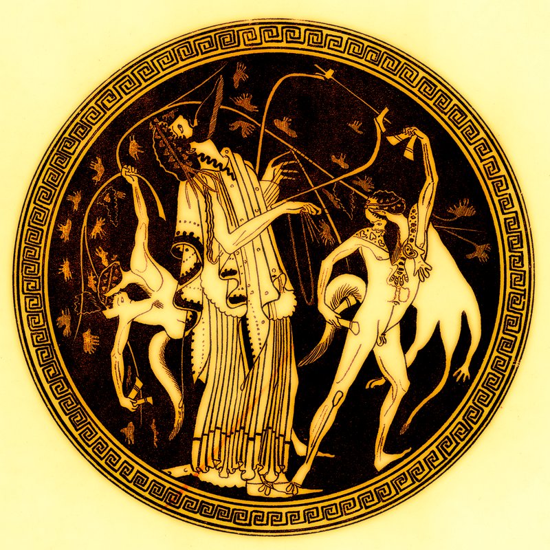 Dionysos et satyres, illustration de Peintures de vases grecs par J. E. Harrison et D. S. MacColl, publié en 1894 - after English School