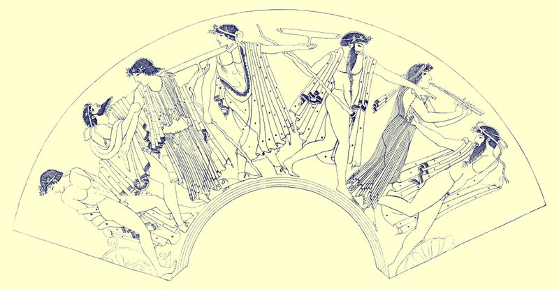 Réjouissance par Brygos, illustration des Peintures de vases grecs par J. E. Harrison et D. S. MacColl, publié en 1894 - after English School