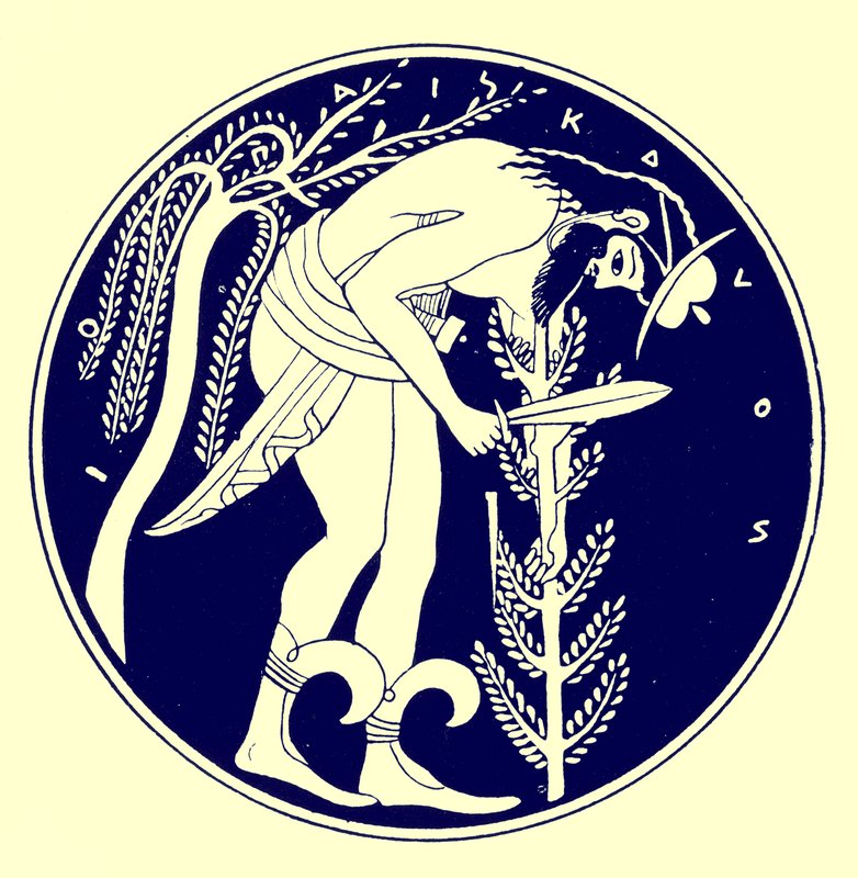 Bûcheron au travail, illustration de Peintures de vases grecs par J. E. Harrison et D. S. MacColl, publié en 1894 - after English School