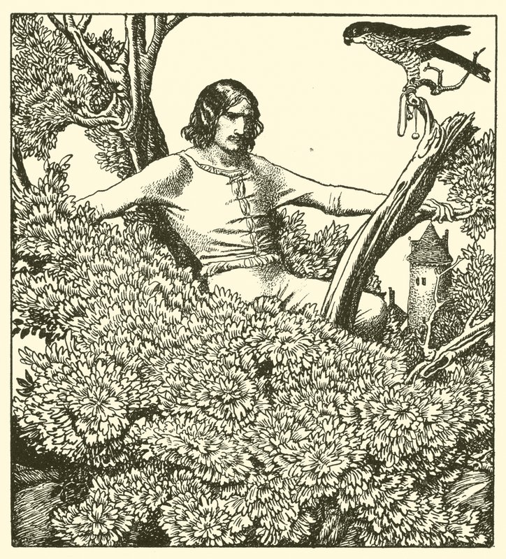 Sir Launcelot grimpe pour attraper le faucon de la dame - after Howard Pyle