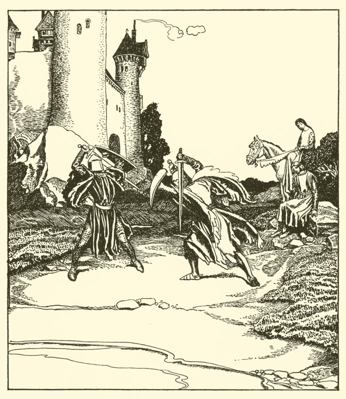 Sir Launcelot combat Sir Turquine - after Howard Pyle