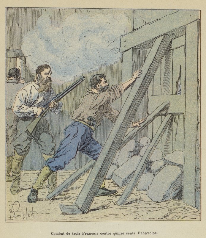 Combat de trois Français contre quinze cents Fahavolos - after Louis Charles Bombled