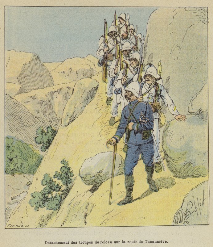 Détachement des troupes de relève sur la route de Tananarive - after Louis Charles Bombled