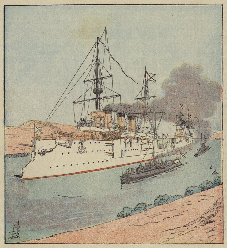 Navires de guerre russes dans le canal de Suez - after Louis Charles Bombled