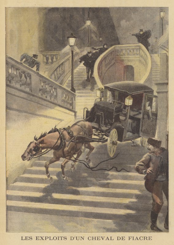 Un cheval tirant un cabriolet descendant un escalier à Paris - after Oswaldo Tofani