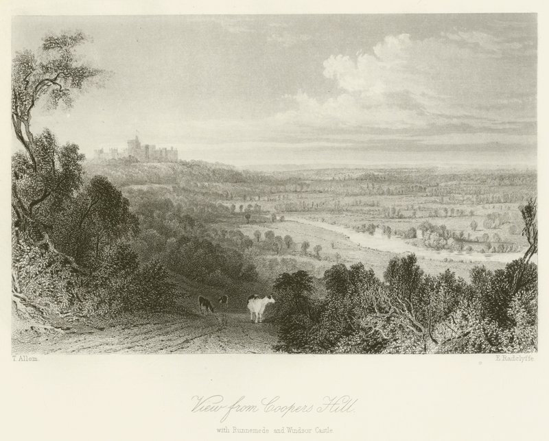 Vue de Coopers Hill, avec Runnemede et le château de Windsor - after Thomas Allom