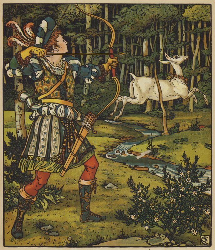 Le prince Guerrier poursuit la biche dans la forêt - after Walter Crane