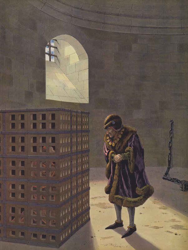 Louis XI regardant le cardinal Balue, emprisonné dans une cage de fer dans les cachots du château d