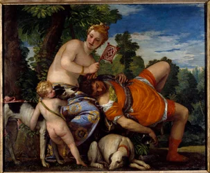Aphrodite et Adonis. Adonis, figure de la mythologie grecque, aime Aphrodite. Peinture de Paolo Veronese (1528-1588)