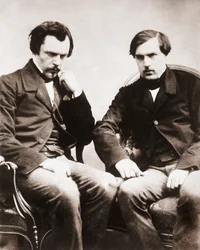 Les frères Edmond de Goncourt (1822-1896) et Jules de Goncourt (1830-1870) critiques littéraires et écrivains français, photo de Gaspard Félix Tournachon dit Félix Nadar (1820-1910) vers 1855