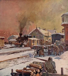 Bataille entre les troupes rouges et blanches à une gare, guerre civile russe