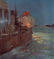 Le croiseur russe Aurora tirant le coup de feu signalant l