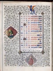 Page de manuscrit « Les Très Riches Heures du Duc François de Guise » décorée de signes du zodiaque et représentation des travaux agricoles, la moisson. Miniature du Maître de Boucicaut