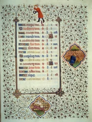 Page du manuscrit « Les Très Riches Heures du Duc François de Guise » enluminé par le Maître de Boucicaut : représentation des signes du zodiaque et scènes de la vie quotidienne : le sagittaire et un éleveur de bétail. 15ème siècle. Musée Condé, Chantilly