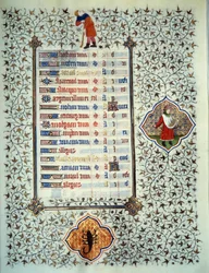 Page du manuscrit « Les Très Riches Heures du Duc François de Guise » enluminé par le Maître de Boucicaut : représentation des signes du zodiaque et scènes de la vie quotidienne : scorpion et plantation. 15e siècle. Musée Condé, Chantilly