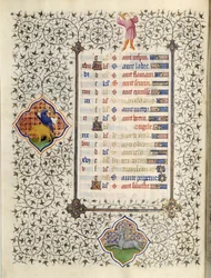 Page du manuscrit « Les Très Riches Heures du Duc François de Guise » enluminé par le Maître de Boucicaut : représentation des signes du zodiaque et scènes de la vie quotidienne : le capricorne et la chasse au sanglier. 15e siècle. Musée Condé, Chantilly