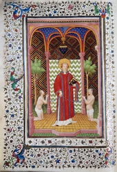 Représentation de Saint Léonard (6e siècle), ermite du Limousin, libérant deux prisonniers Page du manuscrit « Les Très Riches Heures du Duc François de Guise » enluminée par le Maître de Boucicaut. 15e siècle. Musée Condé, Chantilly