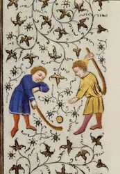 Le jeu de palet sur une page (détail) du manuscrit « Les Très Riches Heures du Duc François de Guise » enluminé par le Maître de Boucicaut. 15ème siècle. Musée Condé, Chantilly