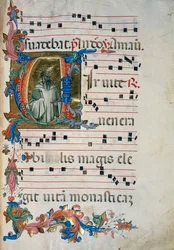 Initiale enluminée avec la figure de San Romualdo (Corale 8, c. 76), pour le livre de chœur 8 de Santa Maria degli Angeli