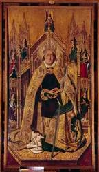Saint Dominique de Silos (1000-1073) sur le trône. Dominique était un berger de Navarre. Il est devenu moine bénédictin à Silos, Castille. Peinture sur bois de Cardenas Bermejo (1435/40-1500) XVe siècle Dim. 242 x 130 cm Madrid, Musée du Prado
