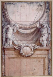 Deux putti soutenant un médaillon vierge
