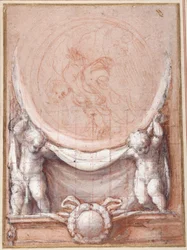 Deux putti soutenant un médaillon sur lequel le Christ porté par les nuages est représenté