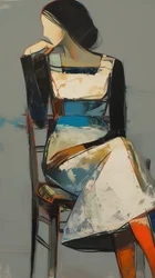 Peinture abstraite : une femme en robe assise pour impressions sur toile et affiches