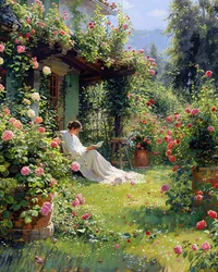 Une femme en robe blanche lisant un livre dans son jardin