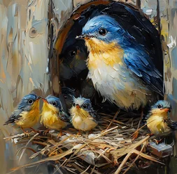Un oiseau coloré et son petit dans un nid dans un arbre, décoration murale pour la chambre à coucher