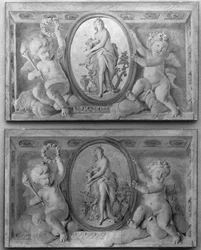 Paire de dessus de porte avec Diane ou une nymphe dans un médaillon ovale soutenu par des amorini, 1770-90