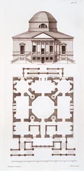 Plan et élévation de Chiswick House, gravure réalisée par Herisset, vers 1720