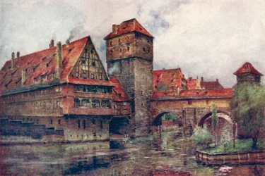 Le Henkersteg, avec la Wasserturm, Nuremberg, Allemagne, vers 1905