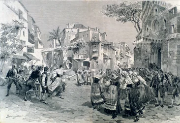 La scène finale de Cavalleria rusticana, opéra de Mascagni, au Teatro alla Scala en 1891