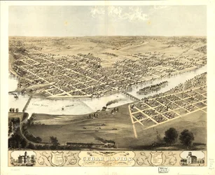 Vue aérienne de la ville de Cedar Rapids et de Kingston, Linn Co., Iowa 1868. LOC 73693391