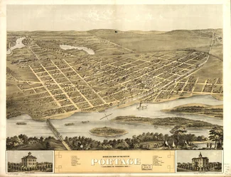 Vue aérienne de la ville de Portage, Columbia Co., Wisconsin 1868. LOC 73694548