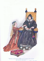 Hélène à genoux devant la comtesse avouait maintenant son amour pour Bertram (Tout est bien qui finit bien), de Contes de Shakespeare pub. par Ward Lock & Co Ltd