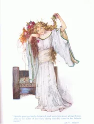 Ophélie est devenue parfaitement folle, et allait distribuer des cadeaux aux dames de la cour (Hamlet), de Contes de Shakespeare pub. par Ward Lock & Co Ltd