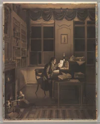 Dessin, intérieur avec un homme lisant à son bureau, 1827