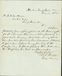 Lettre signée A.S. Norton, Major Commandant, Quartier Général, Camp Yates, Ill., au 1er Lieutenant W.M. Breese, 16e Infanterie U.S., Camp Gates, Ill., 6 décembre 1863