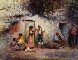 Grenade, Gitans aux portes de leurs grottes (lithographie en couleur)
