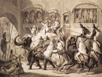 Une rue à Lahore, de Voyage en Inde, gravé par Louis Henri de Rudder (1807-81) 1842
