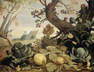 Paysage avec fruits et légumes au premier plan