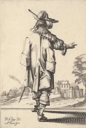 Un gentleman, vu de dos, avec son bras droit tendu et un manteau sur son épaule gauche, 1629