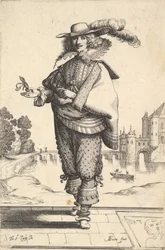 Un gentleman devant un grand château portant un chapeau à plumes et un col en dentelle, 1629