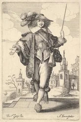 Un gentleman marchant en avant, avec son bras droit tendu et un fouet dans la main gauche, 1629