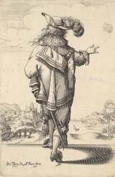 Un gentleman portant un chapeau à plumes et une épée, vu de dos, son bras droit tendu