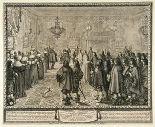 Cérémonie de passation du contrat de mariage de Władysław IV et Marie Louise Gonzaga à Fontainebleau.