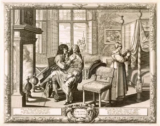 Mari avec femme assise sur les genoux près de la cheminée, Bosse, Abraham