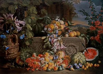 Nature morte avec cerises, pastèque, pêches, abricots, prunes, grenades et figures