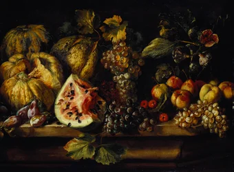 Nature morte de pastèque, raisins, prunes, pêches, cerises et autres fruits sur un rebord